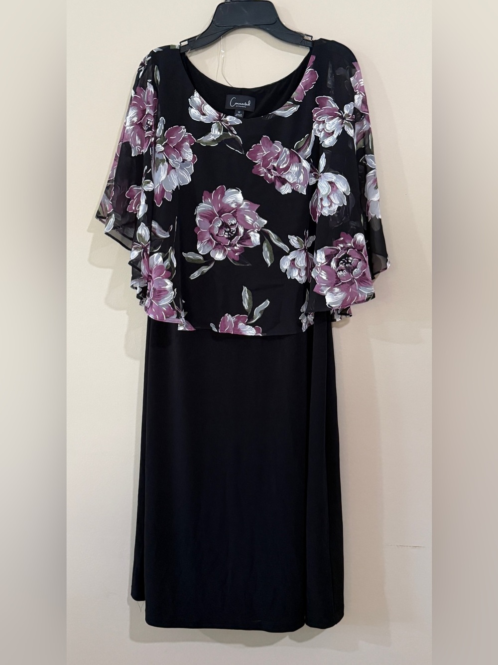 Connected Apparel Black Dress with Mauve & White Floral Overlay